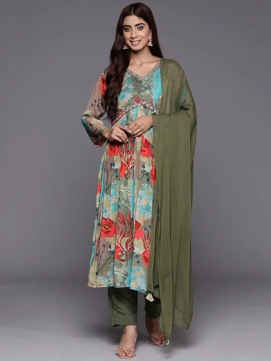 Varanga Women Green Floral Printed Pure Silk Chinon Embroidered V-Neck Aliya Cut Kurta Paired With Tonal Bottom And Dupatta