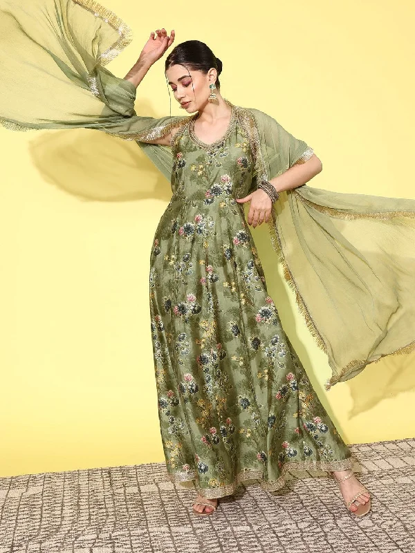 Varanga Women Green Floral Printed Sequinned Silk Anarkali Kurta With Dupatta