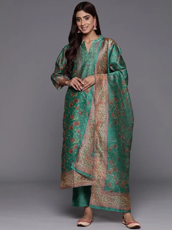 Varanga Women Green Floral Printed Straight Kurta With Bottom And Dupatta