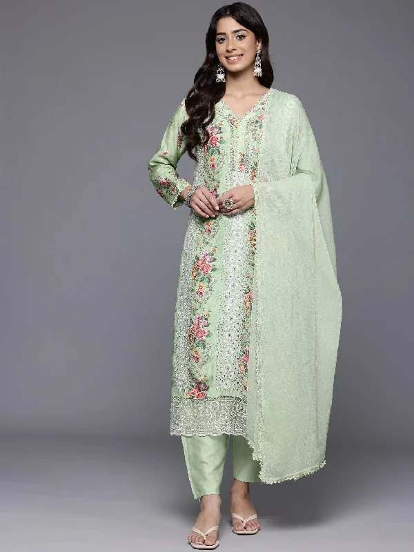 Varanga Women Green Floral Printed With Lace Deatiled Kurta With Bottom And Dupatta