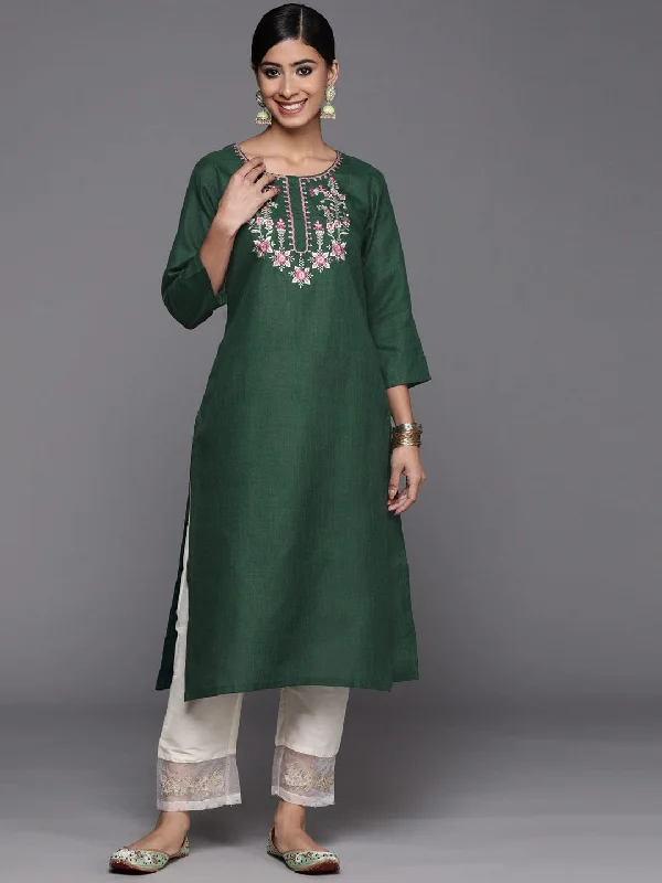 Varanga Women Green Floral Yoke Design Thread Work Floral Cotton Kurta