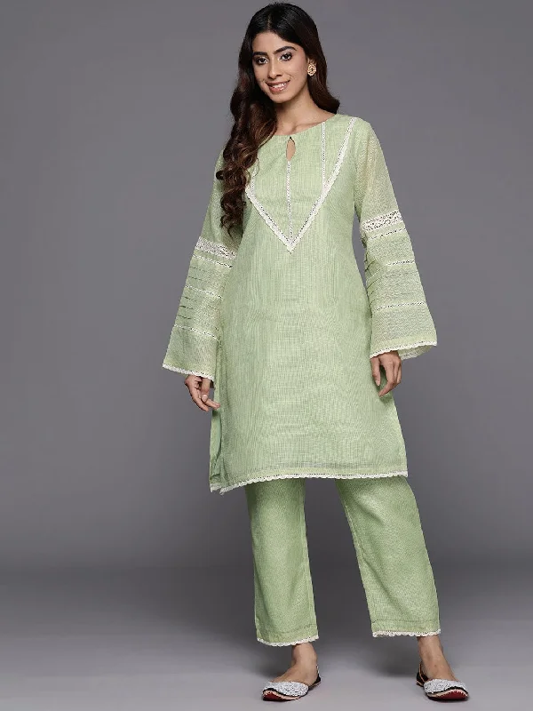 Varanga Women Green Kota Check Cotton Lace Short Kurta With Bottom