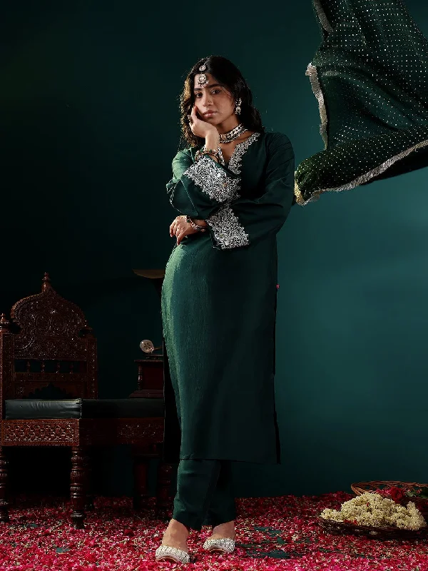 Varanga Women Green Round Neck With Embroidered Kurta , Full Sleeves , Straight Kurta With Side Slits, Paired With Tonal Bottom And Dupatta.