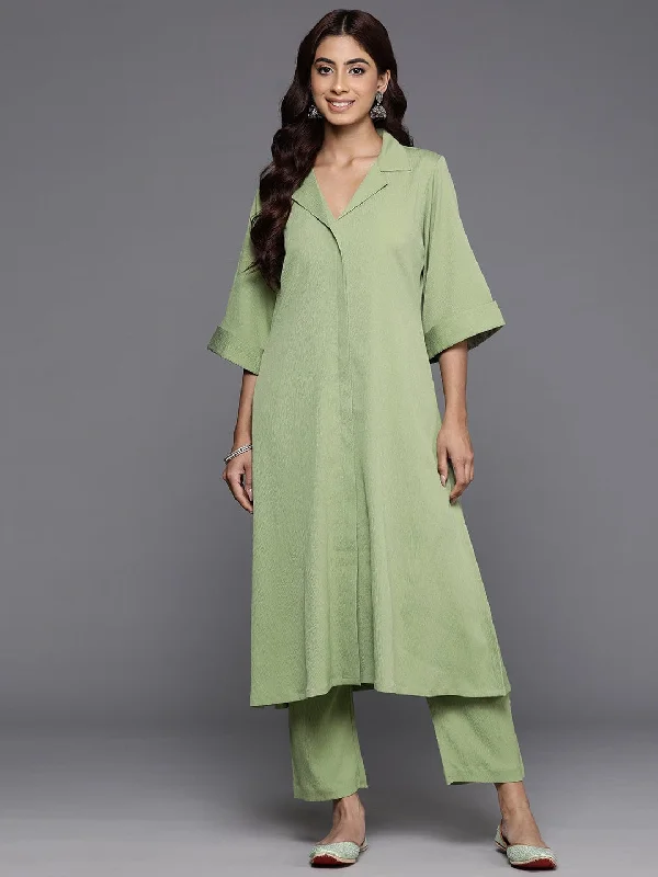 Varanga Women Green Shirt Collar Neck A-Line Kurta Paired With Tonal Bottom