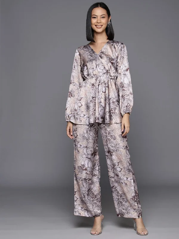 Varanga Women Grey Floral Printed Top Paired With Tonal Printed Bottom Vcod7222