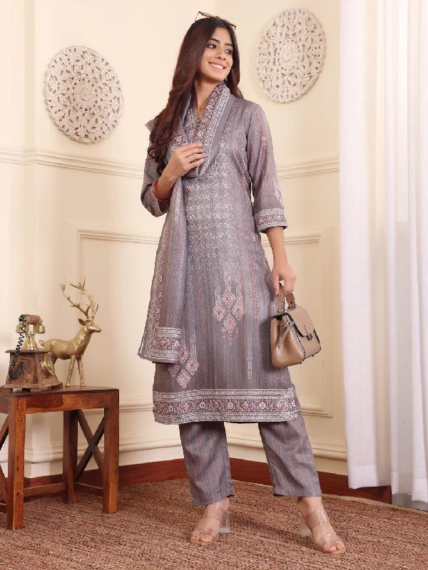 Varanga Women Grey Geometric Printed Winter Straight Kurta With Trousers And Printed Dupatta.