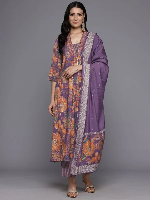 Varanga Women Lavender Floral Printed Embroidered Kurta Paired With Bottom And Dupatta