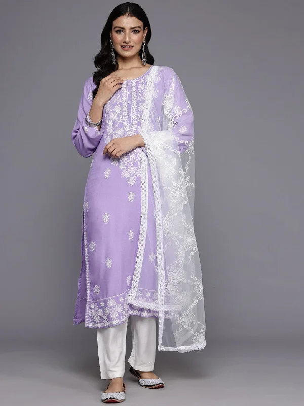 Varanga Women Lavender Floral Thread Embroidered Straight Kurta Paired With White Bottom And White Embroidered Dupatta