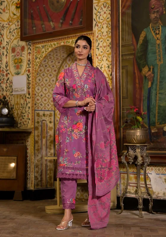 Varanga Women Magenta Floral Printed Thread Embroidered Straight Kurta Paired With Printed  Bottom & Dupatta