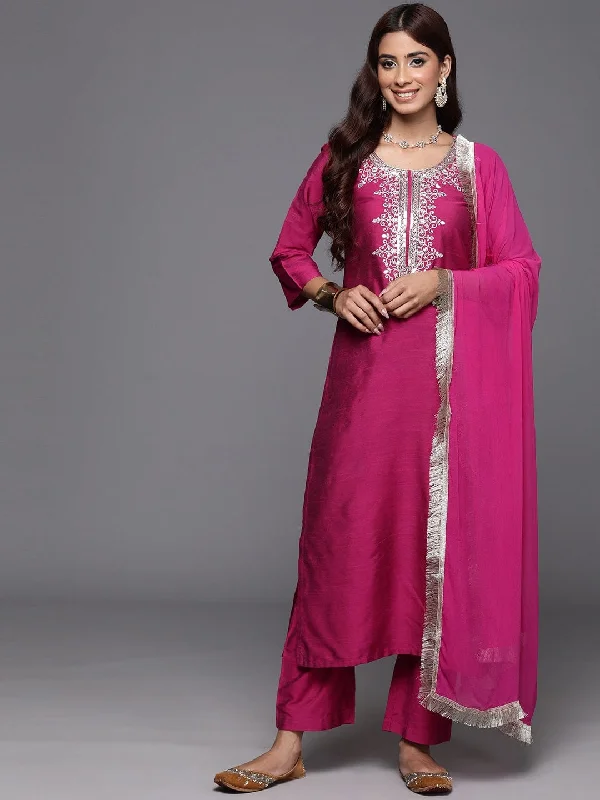 Varanga Women Magenta Round Neck Yoke Embroidered, Three Quarter Sleeves Straight Kurta Paired With Tonal Bottom And Dupatta With Four Side Fringes