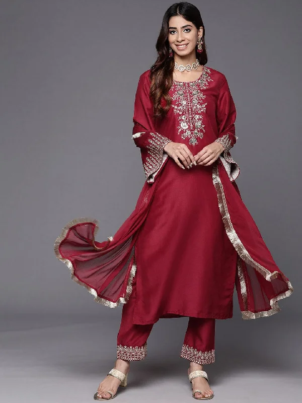 Varanga Women Maroon Embroidered Straight Kurta Paired With Tonal Bottom And Dupatta