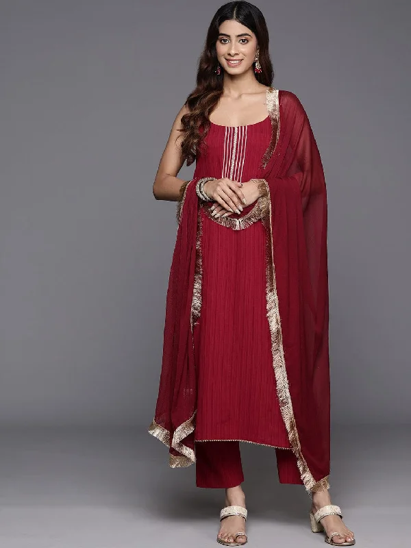 Varanga Women Maroon Round Neck, Spaghetti Strap Style Straight Kurta Paired With Tonal Bottom And Dupatta