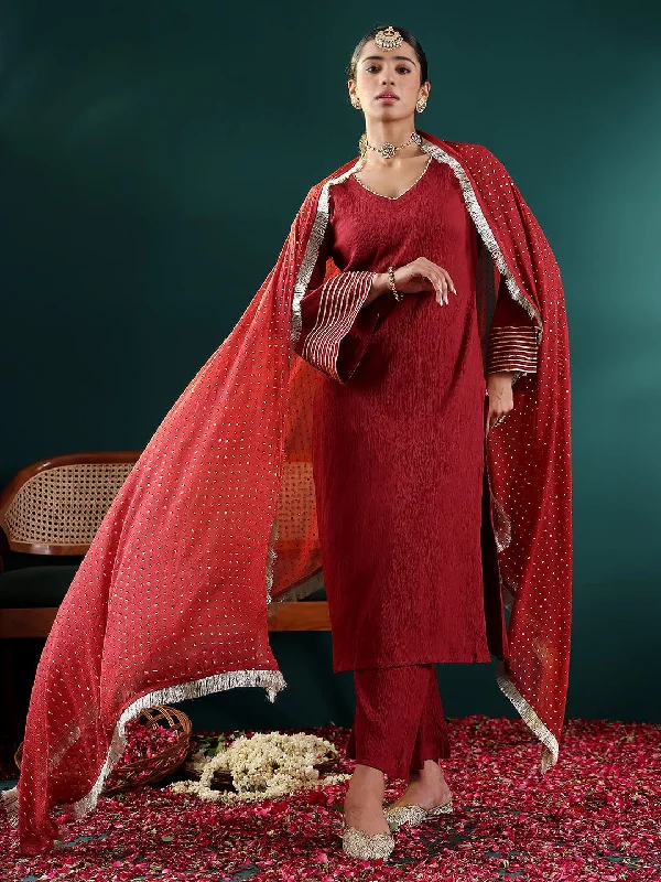 Varanga Women Maroon Solid V-Neck  Embellished With Gota Straight Kurta Paired With Tonal Bottom And Dupatta