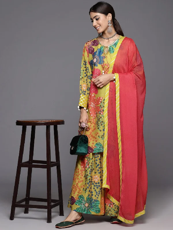 Varanga Women Mustard Abstract Printed Straight Kurta Paired With Sharara And Dupatta