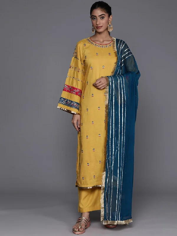 Varanga Women Mustard Embroidered Flared Sleeves Straight Kurta Bottom Dupatta