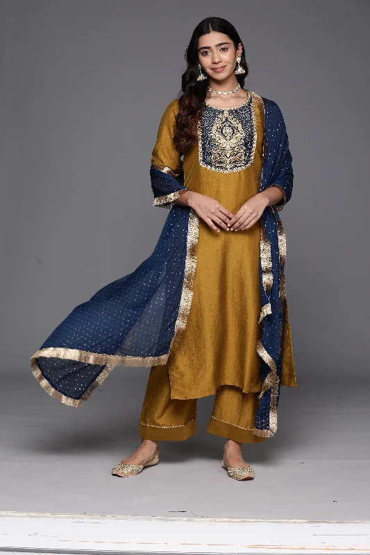 Varanga Women Mustard Embroidered Yoke Straight Kurta With Bottom And Contrast Dotted Dupatta