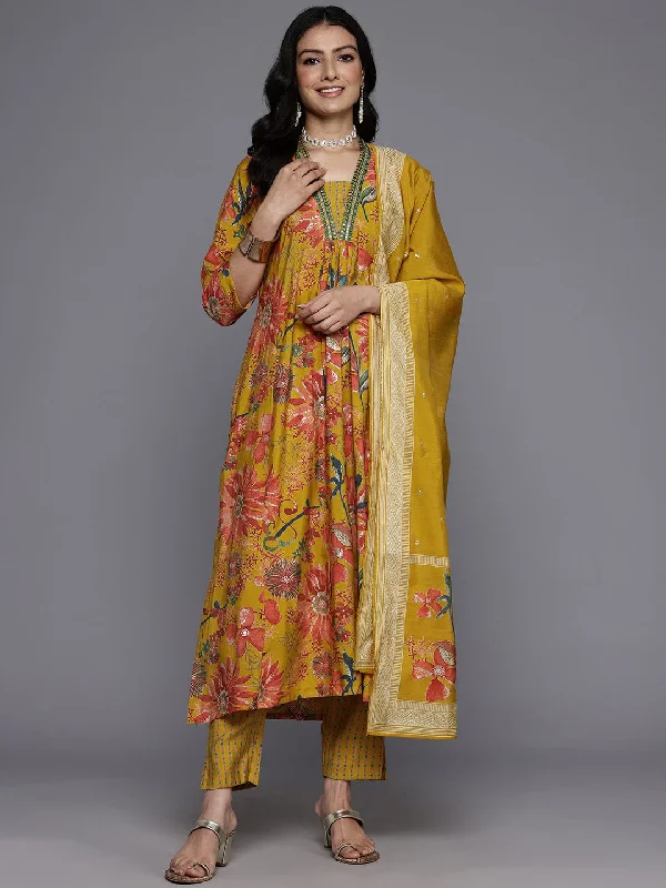 Varanga Women Mustard Floral Printed Embroidered Kurta Paired With Printed Bottom And Dupatta