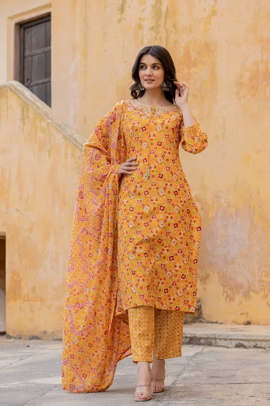 Varanga Women Mustard Printed Round Neck Straight Kurta With Bottom And Dupatta