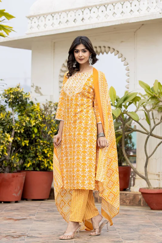 Varanga Women Mustard Printed Round Neck Yoke  Embroidered Kurta Paired With Bottom And Dupatta