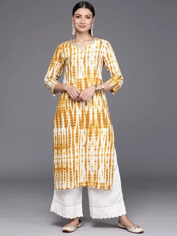 Varanga Women Mustard Shibori Straight Kurta With Embellished Round Neck