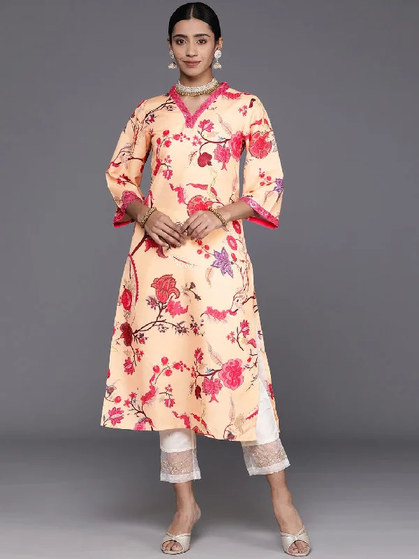 varanga women mustard yellow and pink floral printed flared sleeves sequinned kurta