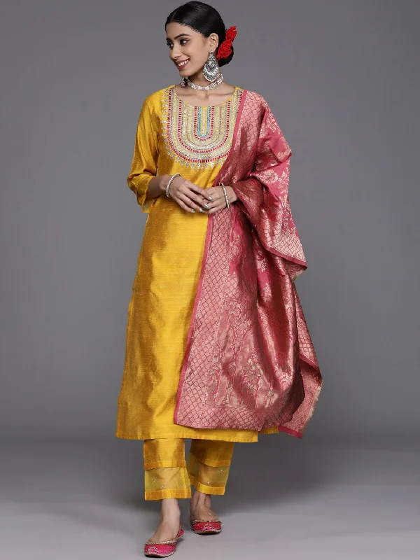 Varanga Women Mustard Yellow Embroidered Sequinned Kurta Set With Dupatta