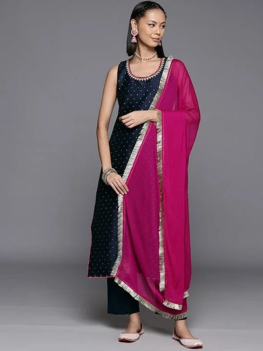 Varanga Women Navy Blue Dotted Printed Kurta, Round Neck , Paired With Tonal Bottom And Contrast Dupatta.