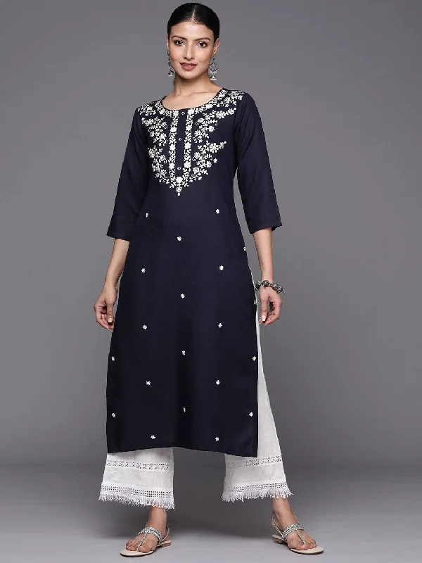 Varanga Women Navy Blue Embroidered Straight Kurta