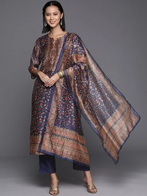 Varanga Women Navy Blue Ethnic Motif Printed Round Neck With Slit Three Quarter Sleeves Straight Kurta Paired With Tonal Solid Bottom And Printed Dupatta