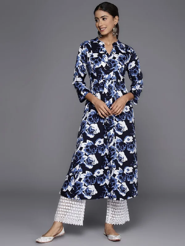 Varanga Women Navy Blue Floral Printed A-Line Kurta With Three Quarter Sleeves