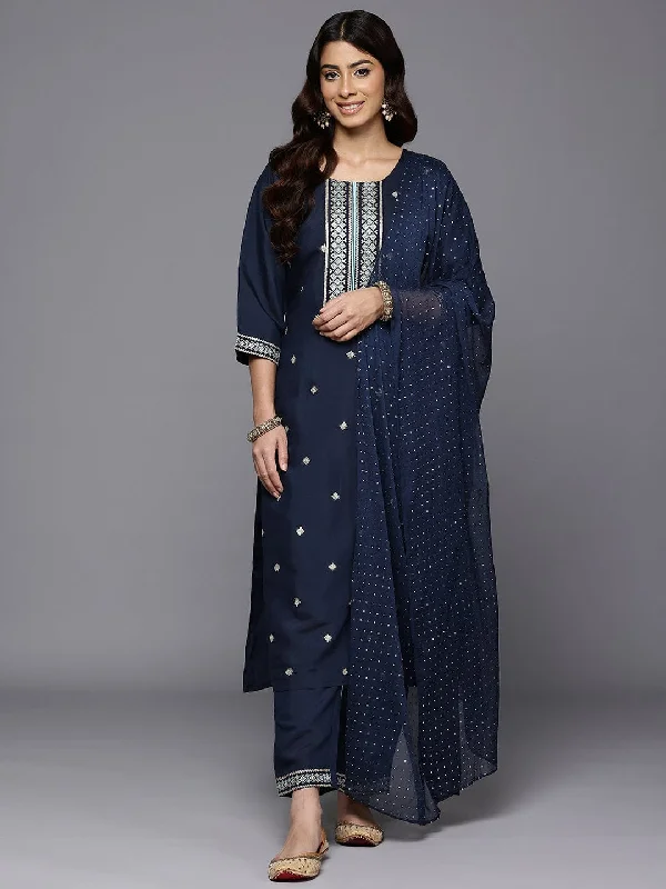 Varanga Women Navy Blue Round Neck Zari Embroidered Kurta Paired With Tonal Bottom & Dupatta