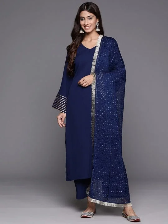 Varanga Women Navy Blue Solid V-Neck Embellished With Gota Straight Kurta Paired With Tonal Bottom And Dupatta