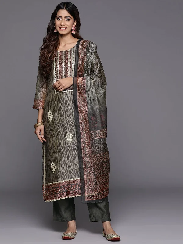 Varanga Women Olive Green Abstract Printed Embroidered Straight Kurta With Bottom And Dupatta