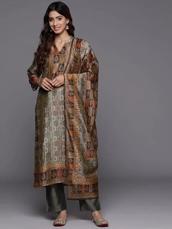 Varanga Women Olive Green Ethnic Printed Straight Kurta With Bottom And Dupatta