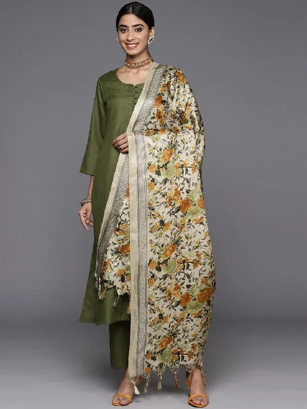 Varanga Women Olive Solid Straight Kurta Paired With Tonal Bottom And Printed Dupatta