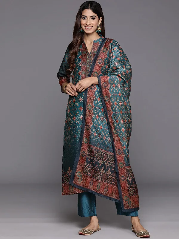 Varanga Women Patola Printed Teal Beige Mandrin Collar Straight Kurta With Solid Bottom And Printed Dupatta