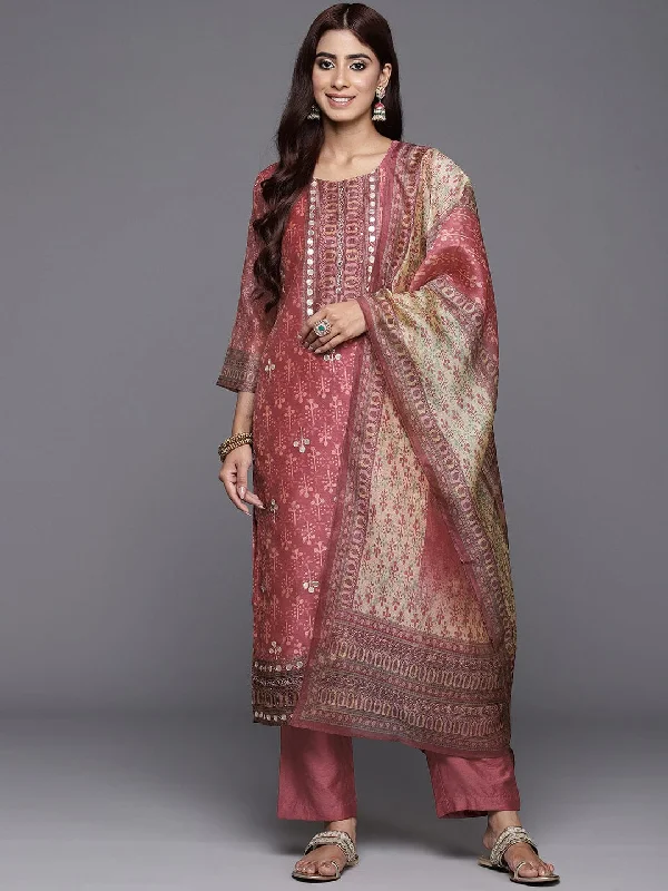 Varanga Women Peach Ethnic Motif Gotta Patti Work Straight Kurta With Bottom And Dupatta