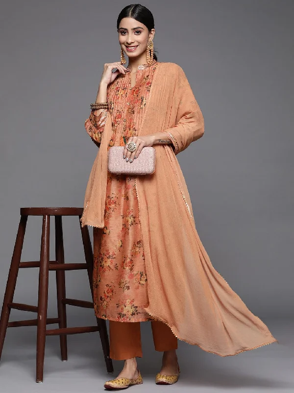 Varanga Women Peach Floral Kurta With Manderian Collar With Tonal Trouser & Tonal Dupatta