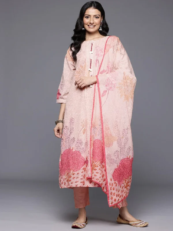 Varanga Women Peach Sciffli Kurta Paired With Tonal Bottom And Printed Dupatta