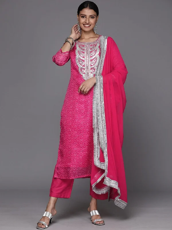 Varanga Women Pink Bandhani Printed, Gota Pati Embroidered Yoke Straight Kurta Paired With Tonal Bottom And Dupatta