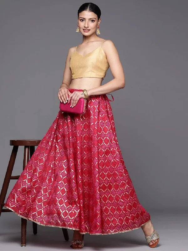 Varanga Women Pink Bhandhani Printed Kalidar Skirt Embellished With Sequin Border