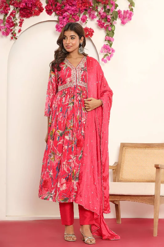 Varanga Women Pink Floral Printed Embroidered V-Neck Alia Cut  Kurta Paired With Tonal Dupatta