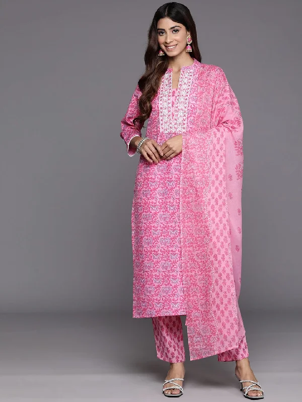 Varanga Women Pink Floral Printed Kurta Paired With Bottom & Dupatta