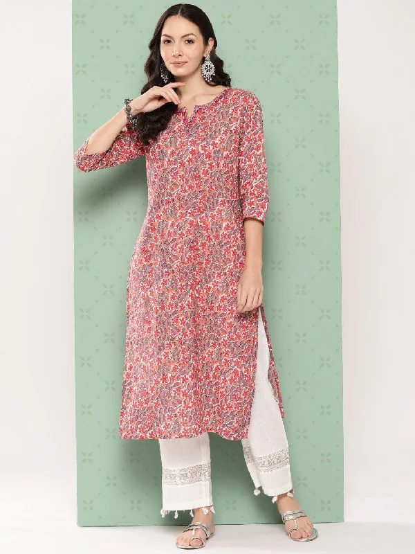 Varanga Women Pink Floral Printed Round Neck Cotton Kurta