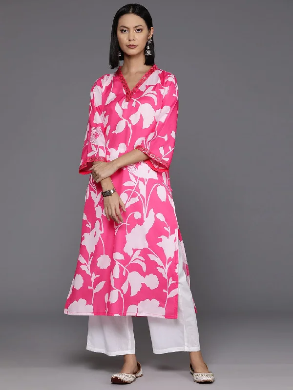 varanga women pink floral printed v neck straight kurta