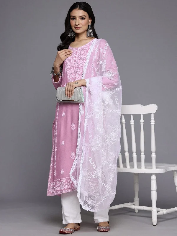 Varanga Women Pink Floral Thread Embroidered Straight Kurta Paired With White Bottom And White Embroidered Dupatta