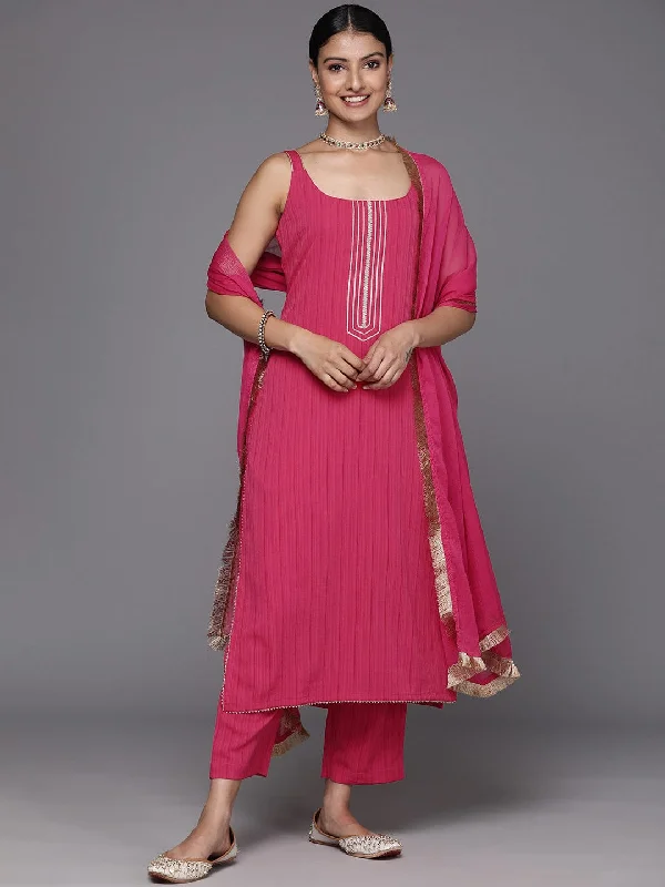 Varanga Women Pink Round Neck, Spaghetti Strap Style Straight Kurta Paired With Tonal Bottom And Dupatta