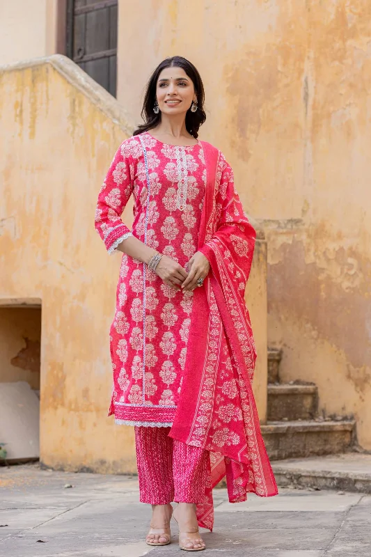 Varanga Women Pink Round Neck Straight Kurta With Bottom And Dupatta