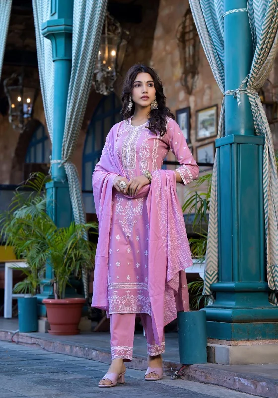 Varanga Women Pink Rubber Printed, Embellished Straight Kurta Paired With Bottom And Dupatta