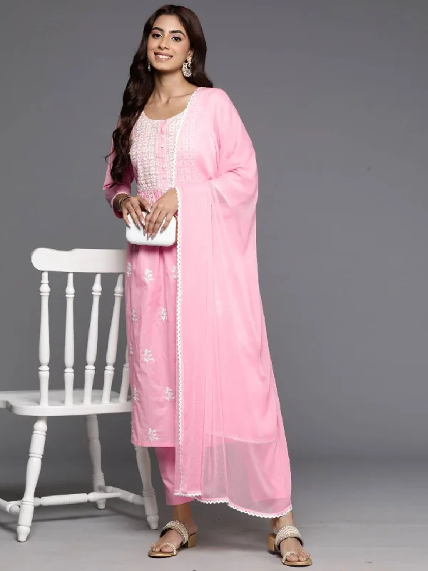 Varanga Women Pink Thread Embroidered Straight Kurta With Bottom And Dupatta